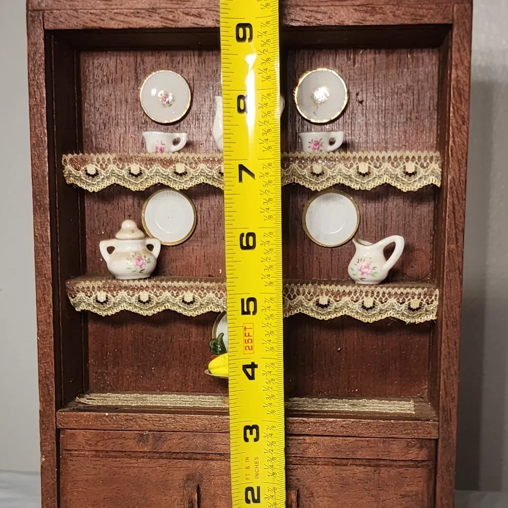 Vintage 1:12 Dollhouse Miniature Wood China Cabinet Hutch w/ Porcelain Metal Set